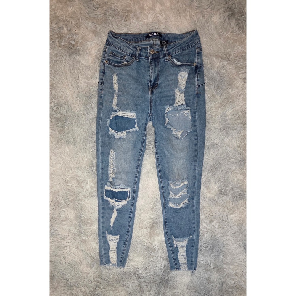 SONG Womens Distressed Skinny Jeans Light Wash Ripped Raw Hem Size 3/26 Edgy